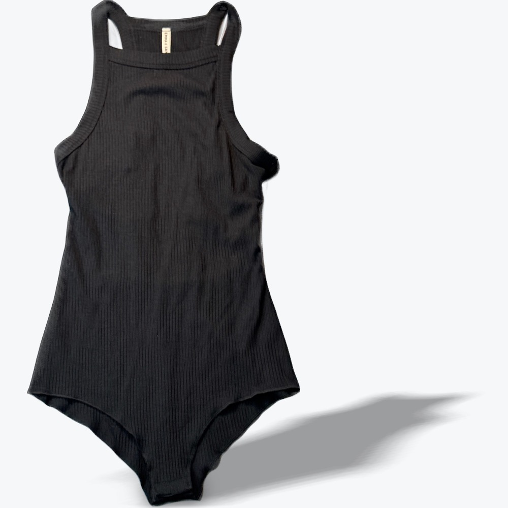Emma & Sam Lace Up Back Bodysuit Black Ribbed Sleeveless High Neck Pima Small‎